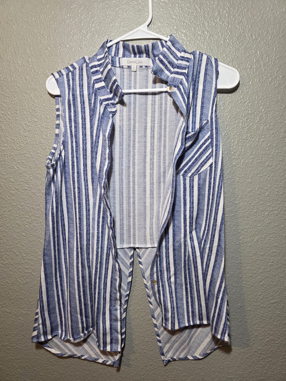 Eloquii Blue and White Sleeveless Striped Button-Front Shirt